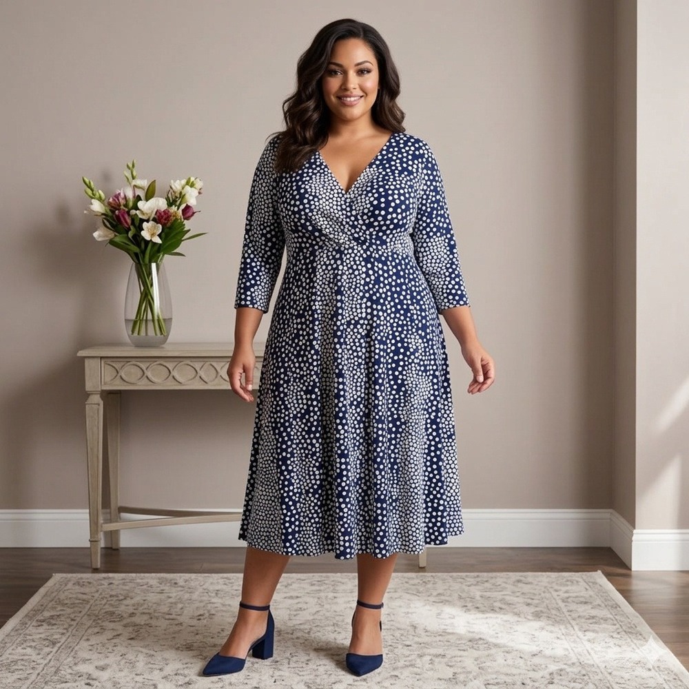 HAANI Faux Wrap Dress Womens‎ 2X Navy Blue White Polka Dot Midi 3/4 Sleeve